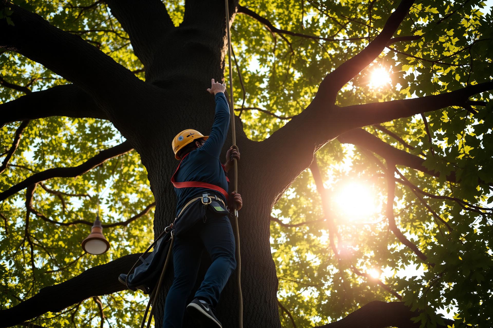 Professional arborist climbing a tree in St. Charles, MO
